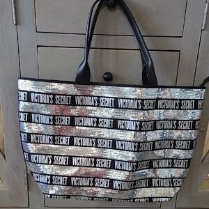 Victoria's Secret Black and Silver Sequin Logo Tote